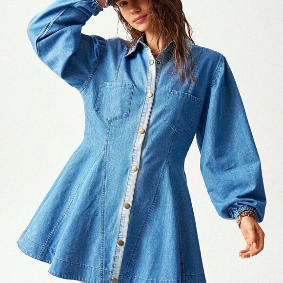 Dark Wash Casual Women's Loose Denim Long Sleeve Mini Dress - Picture 5 of 8